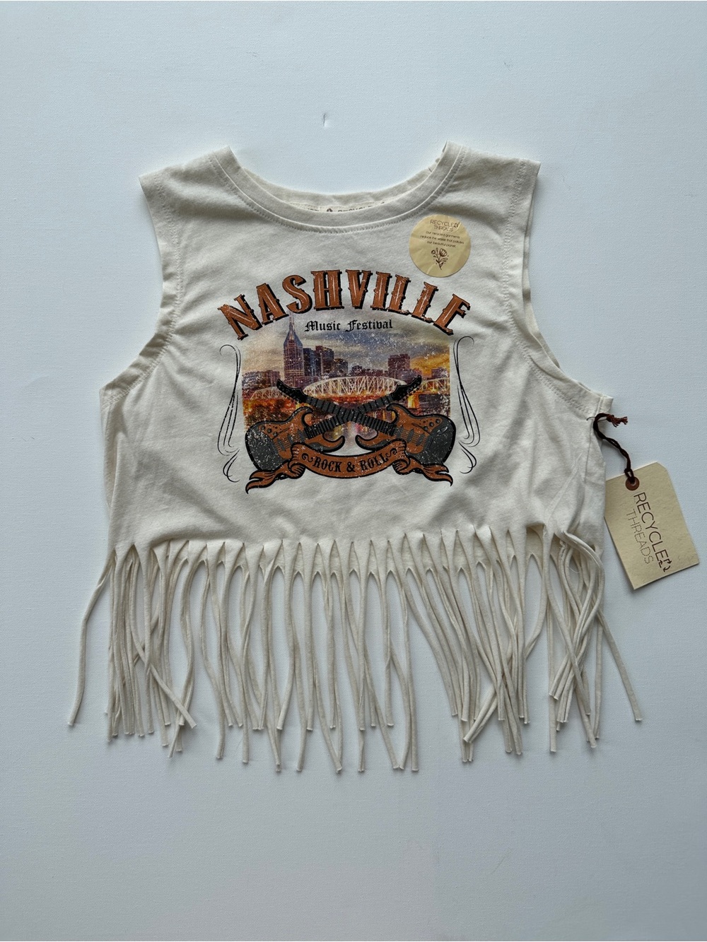 Recycle Threads Nashville Music Festival Graphic Fringe Crop Tank Top Small NWT